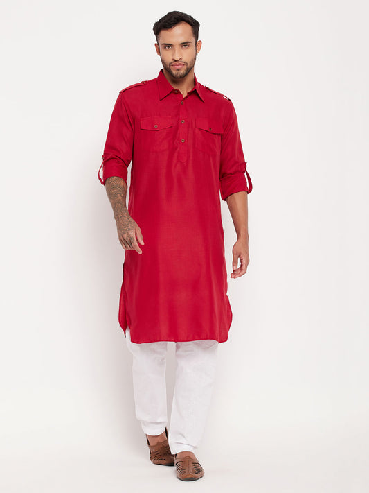 Men's Maroon Cotton Blend Pathani Kurta Pyjama Set