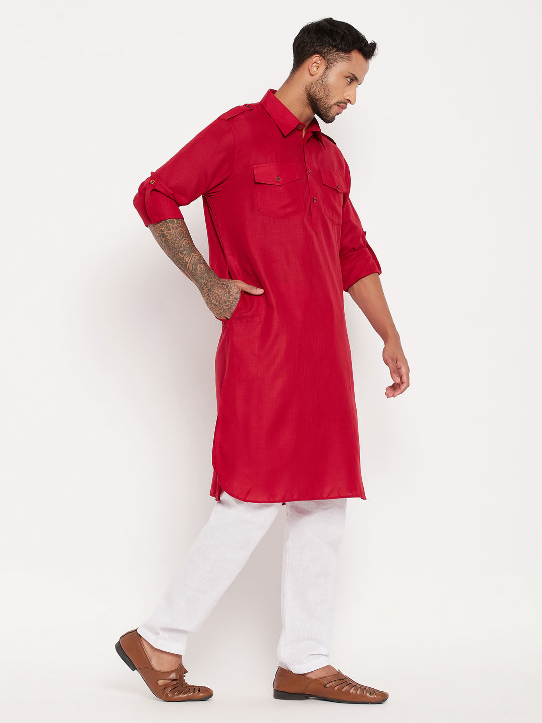 Men's Maroon Cotton Blend Pathani Kurta Pyjama Set