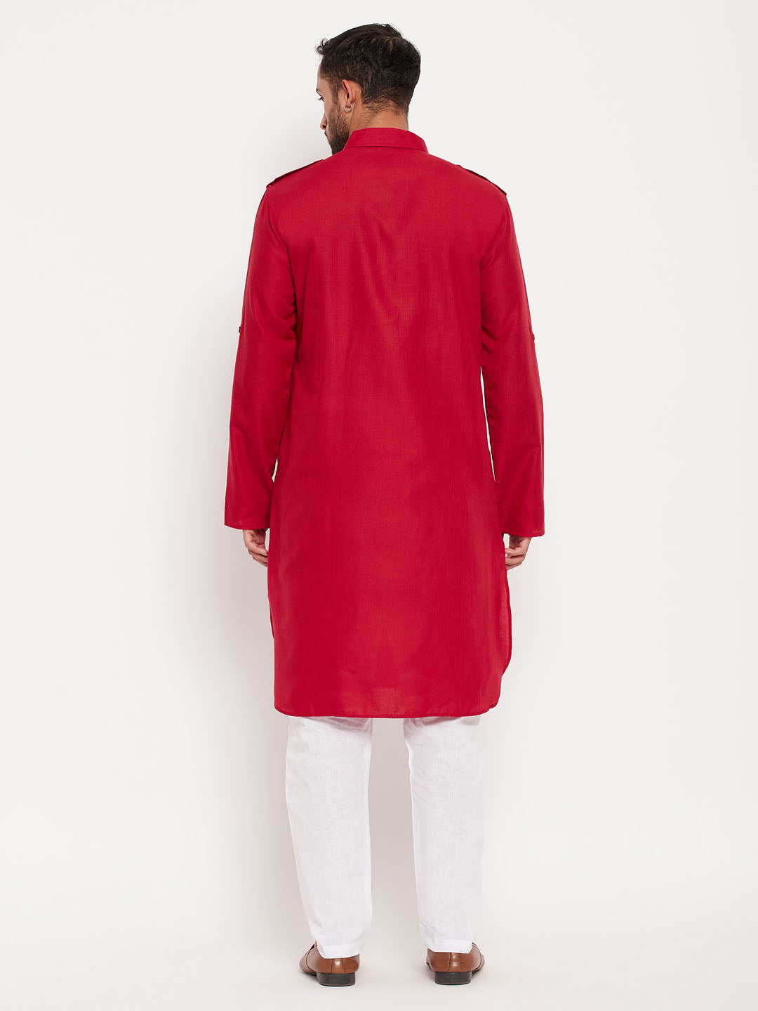 Men's Maroon Cotton Blend Pathani Kurta Pyjama Set