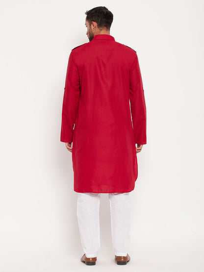Men's Maroon Cotton Blend Pathani Kurta Pyjama Set