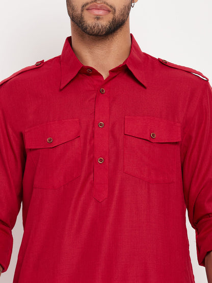 Men's Maroon Cotton Blend Pathani Kurta Pyjama Set