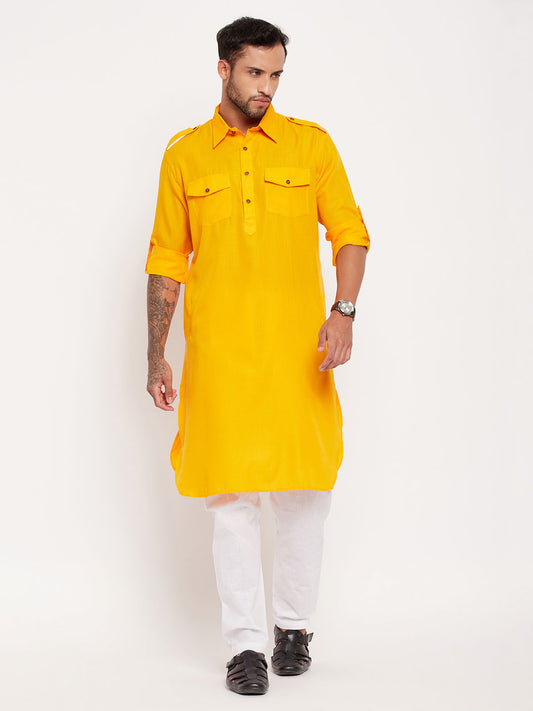 Men's Mustard Cotton Blend Pathani Kurta Pyjama Set