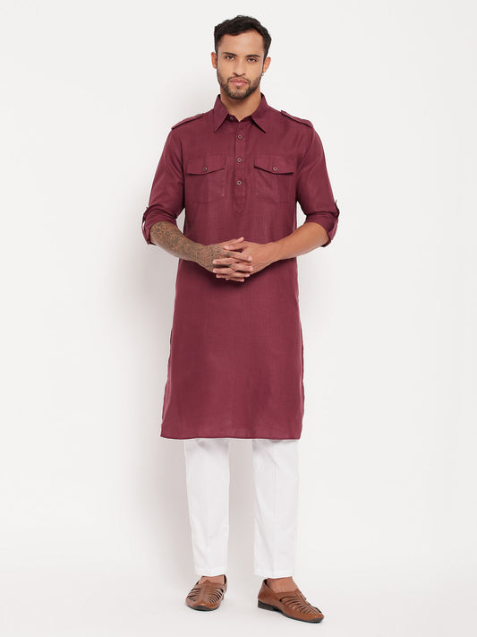 Men's Purple Cotton Blend Pathani Kurta Pyjama Set