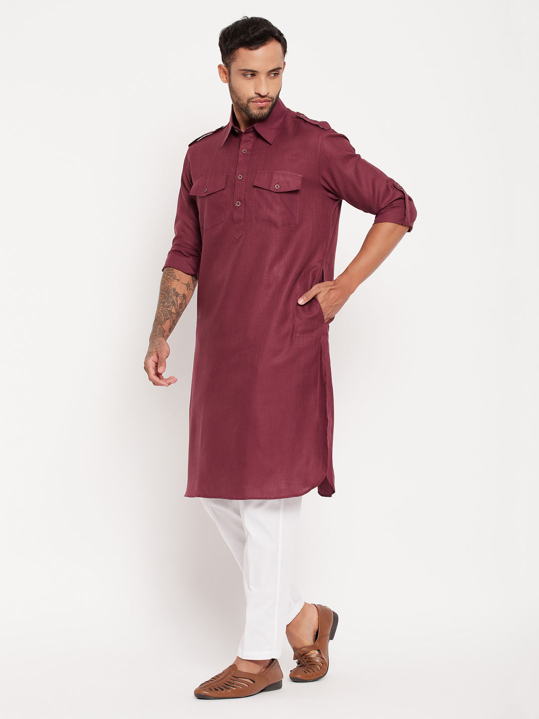 Men's Purple Cotton Blend Pathani Kurta Pyjama Set