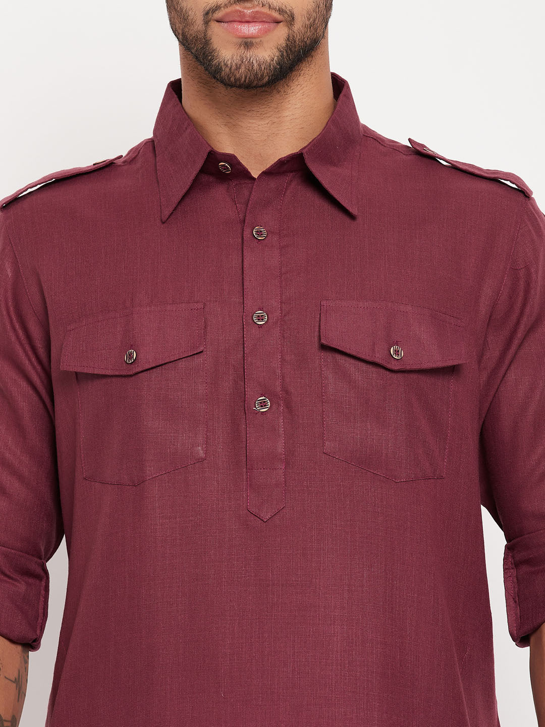 Men's Purple Cotton Blend Pathani Kurta Pyjama Set
