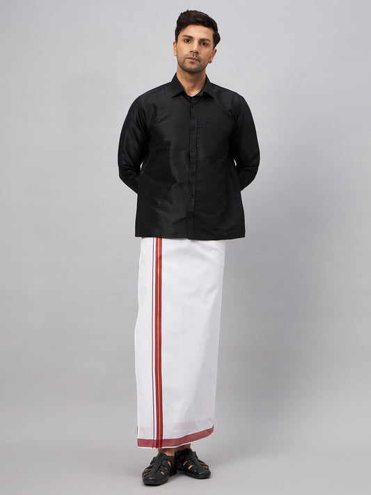 Men's Black Silk Blend Straight Shirt And Mundu