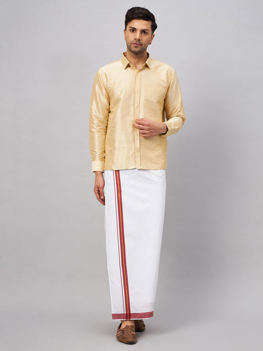 Men's Gold Silk Blend Straight Shirt And Mundu