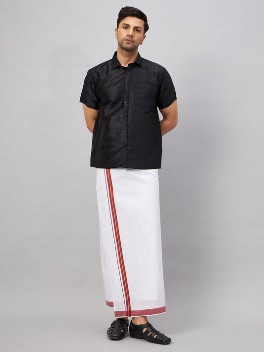 Men's Black Silk Blend Straight Shirt And Mundu