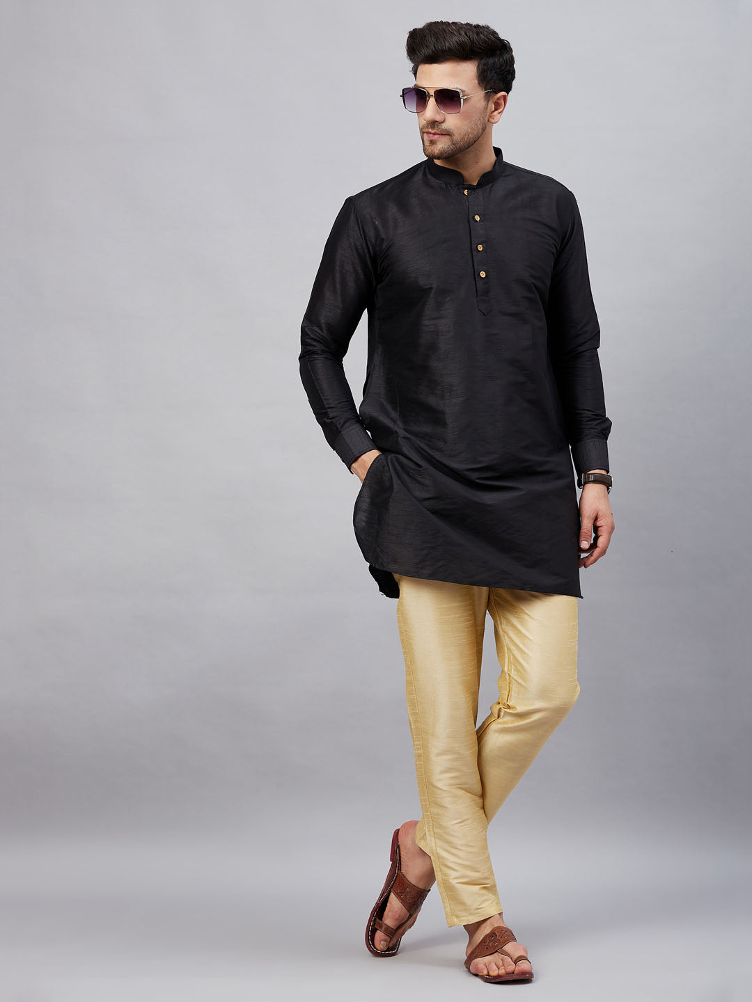 Men's Black Cotton Blend Pathani Kurta Pyjama Set