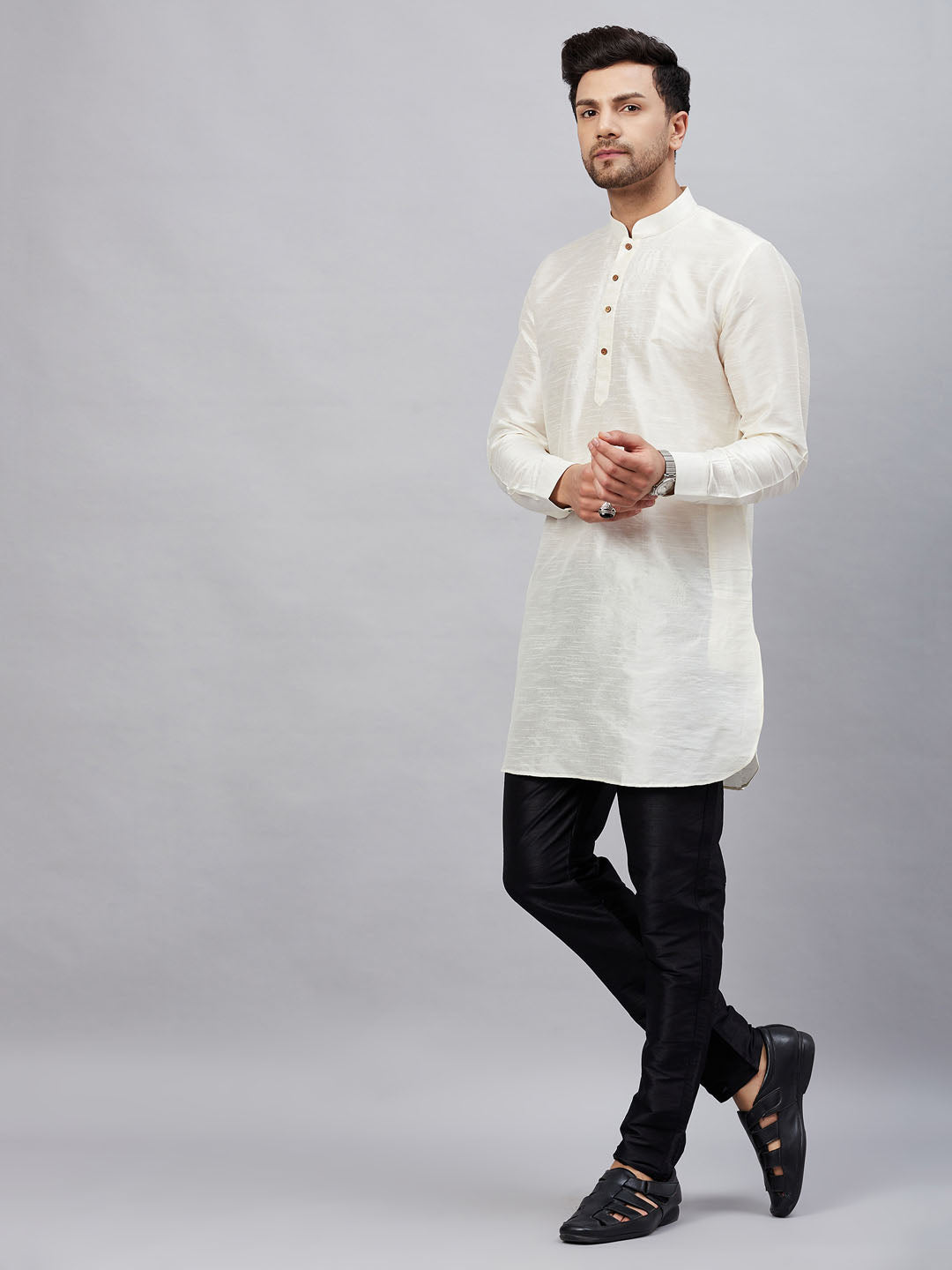 Men's Cream Cotton Blend Pathani Kurta Pyjama Set
