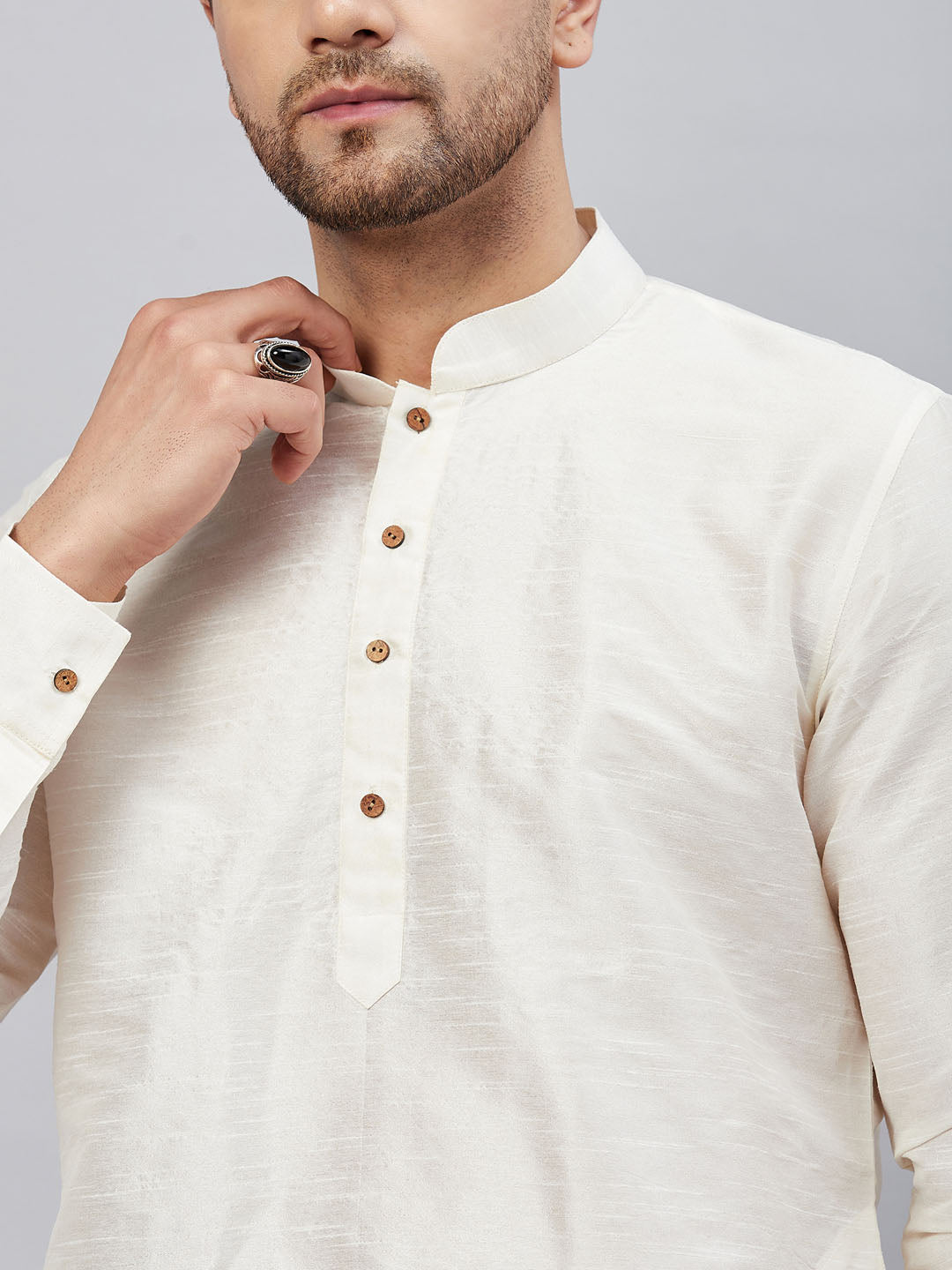 Men's Cream Cotton Blend Pathani Kurta Pyjama Set