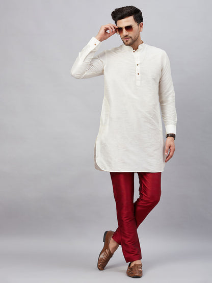 Men's Cream Cotton Blend Pathani Kurta Pyjama Set