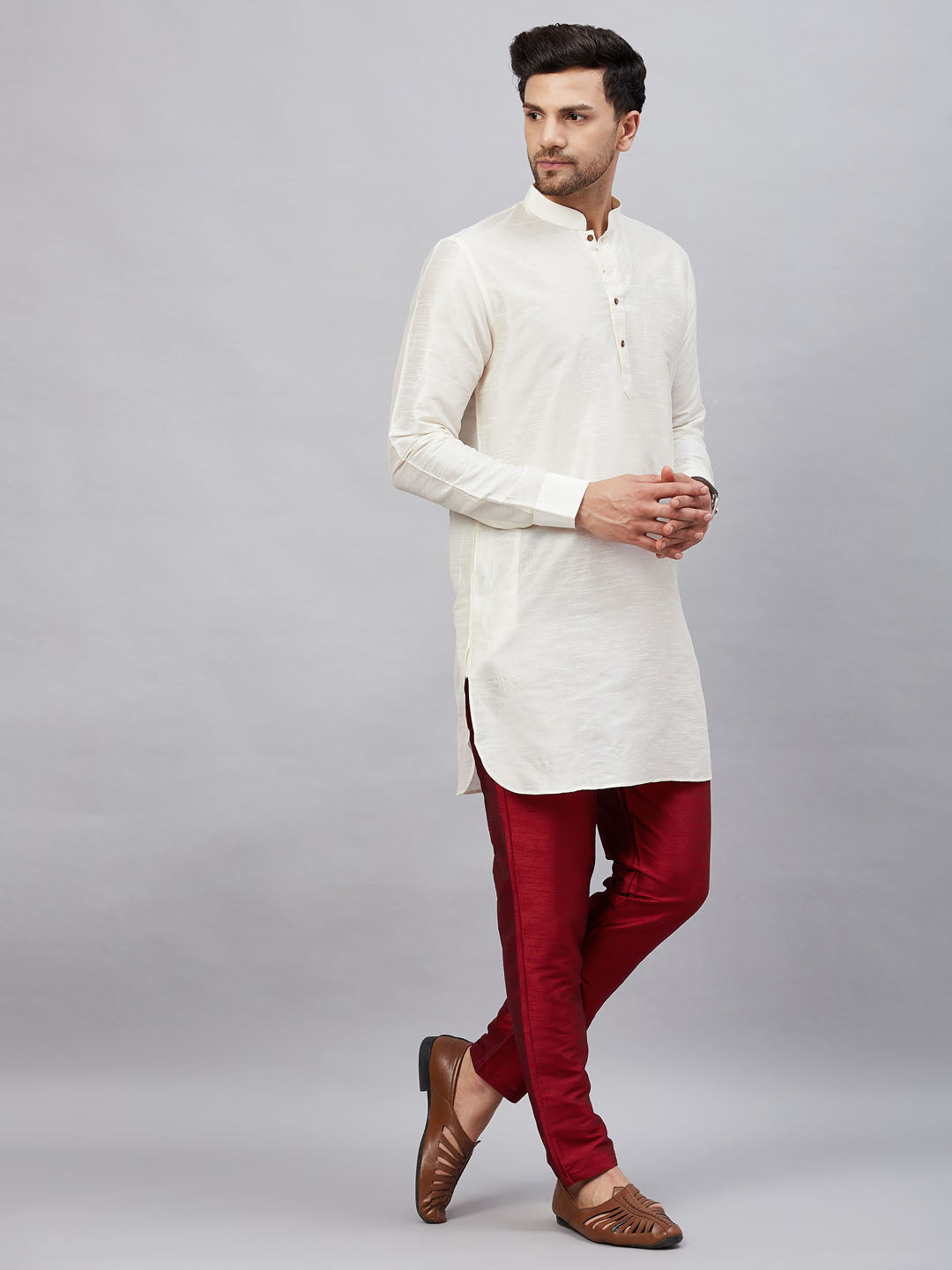 Men's Cream Cotton Blend Pathani Kurta Pyjama Set