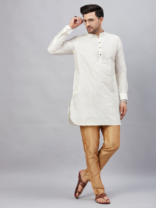 Men's Cream Cotton Blend Pathani Kurta Pyjama Set