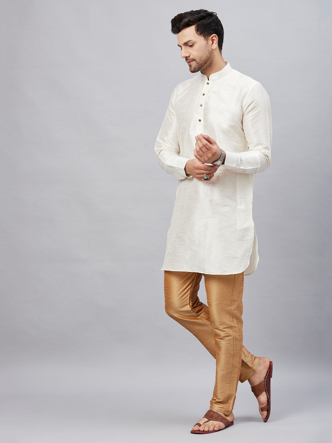 Men's Cream Cotton Blend Pathani Kurta Pyjama Set