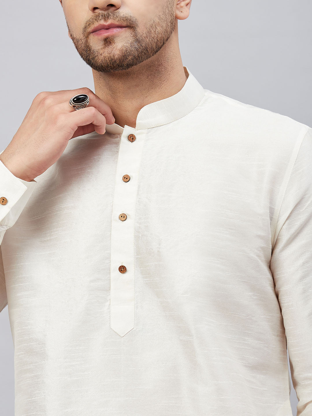 Men's Cream Cotton Blend Pathani Kurta Pyjama Set