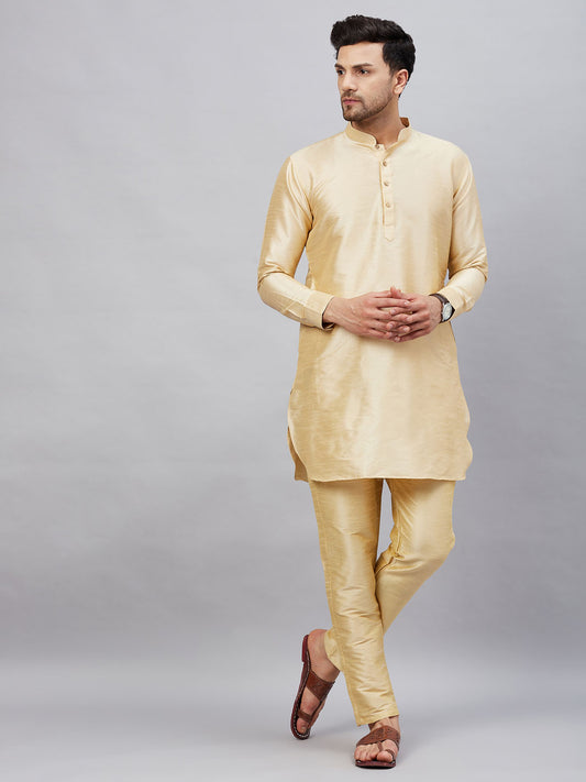 Men's Gold Cotton Blend Pathani Kurta Pyjama Set