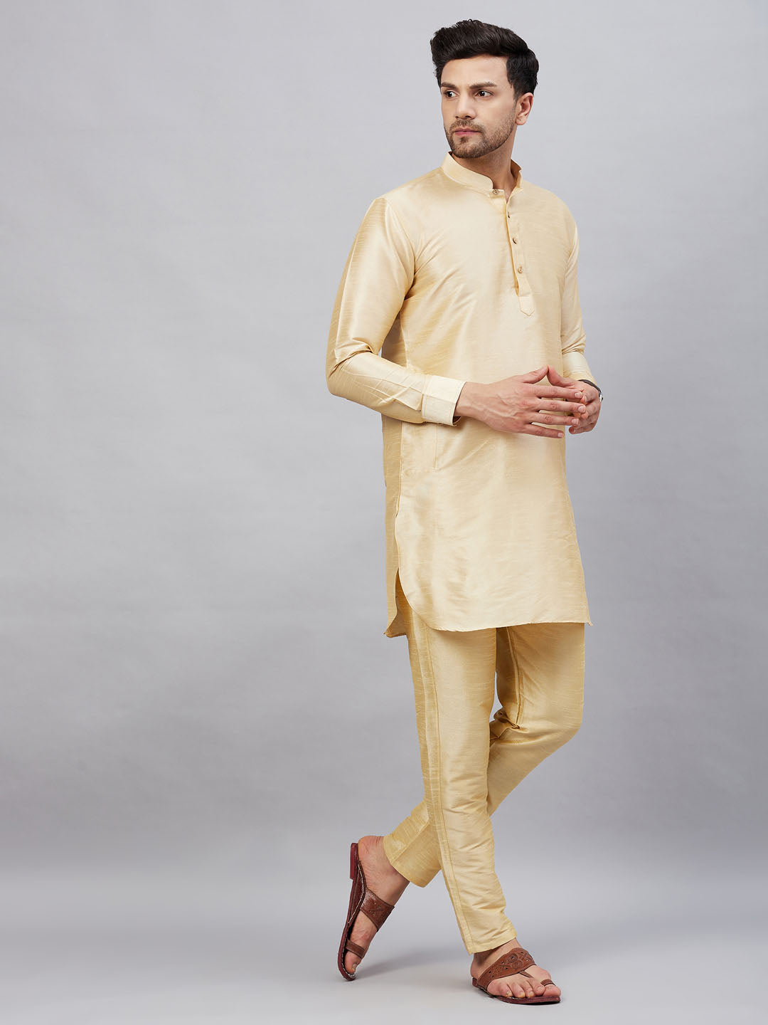 Men's Gold Cotton Blend Pathani Kurta Pyjama Set