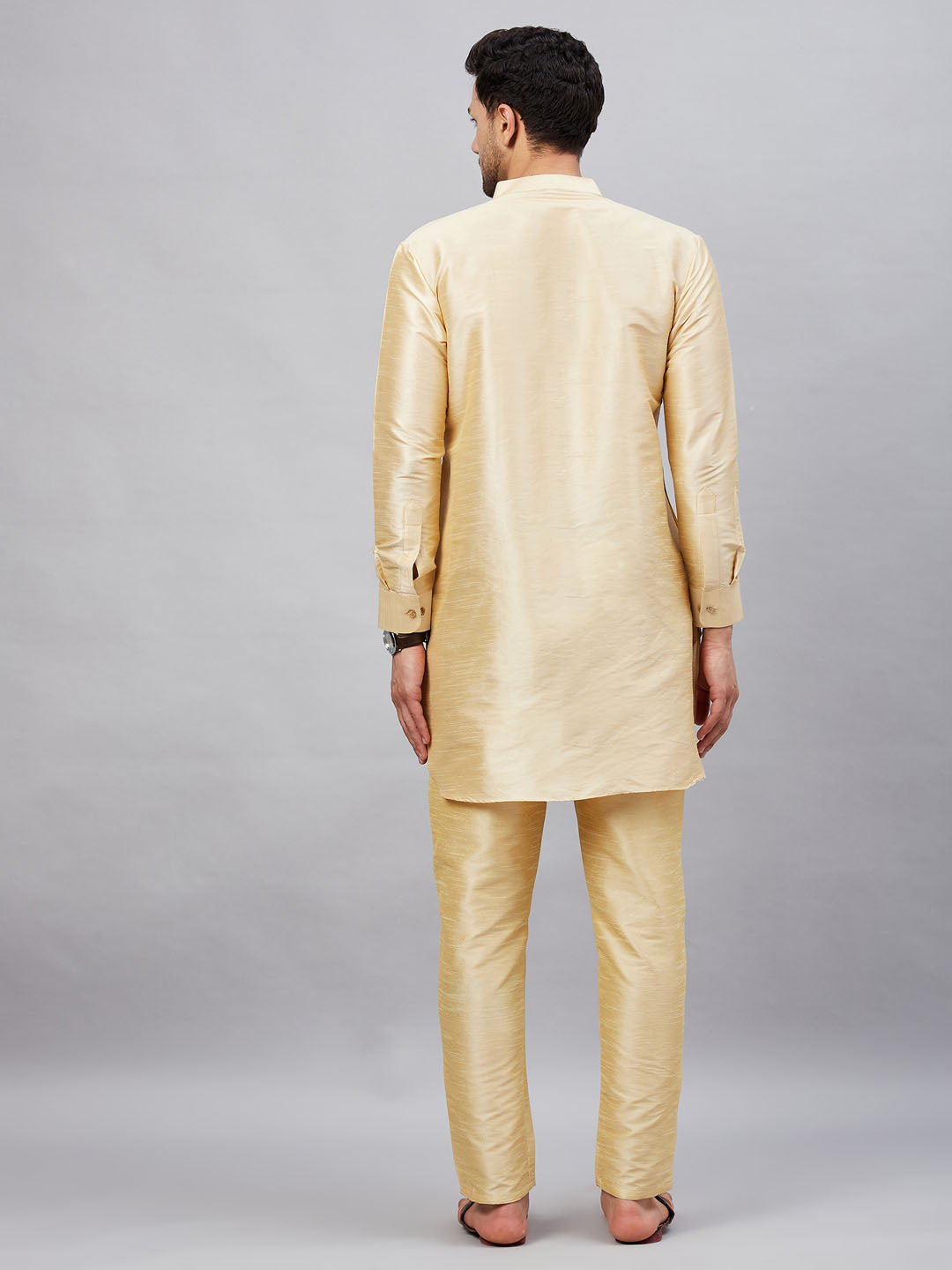 Men's Gold Cotton Blend Pathani Kurta Pyjama Set