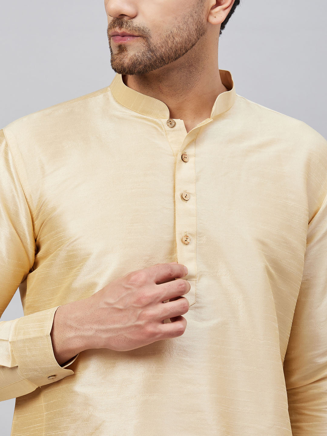 Men's Gold Cotton Blend Pathani Kurta Pyjama Set