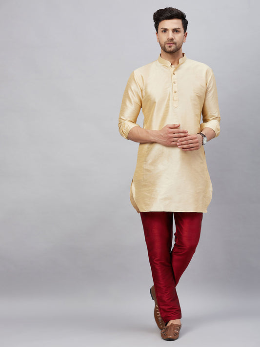 Men's Gold Cotton Blend Pathani Kurta Pyjama Set