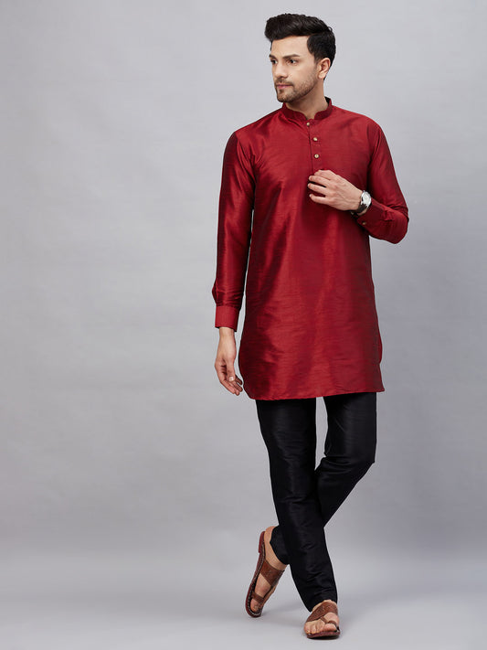 Men's Maroon Cotton Blend Pathani Kurta Pyjama Set
