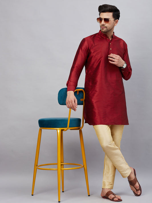 Men's Maroon Cotton Blend Pathani Kurta Pyjama Set