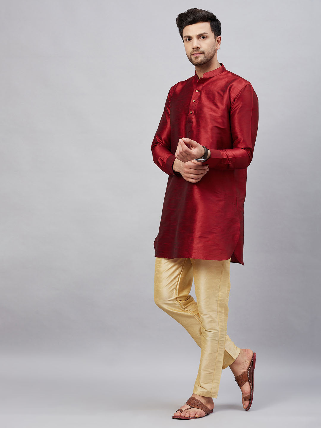 Men's Maroon Cotton Blend Pathani Kurta Pyjama Set