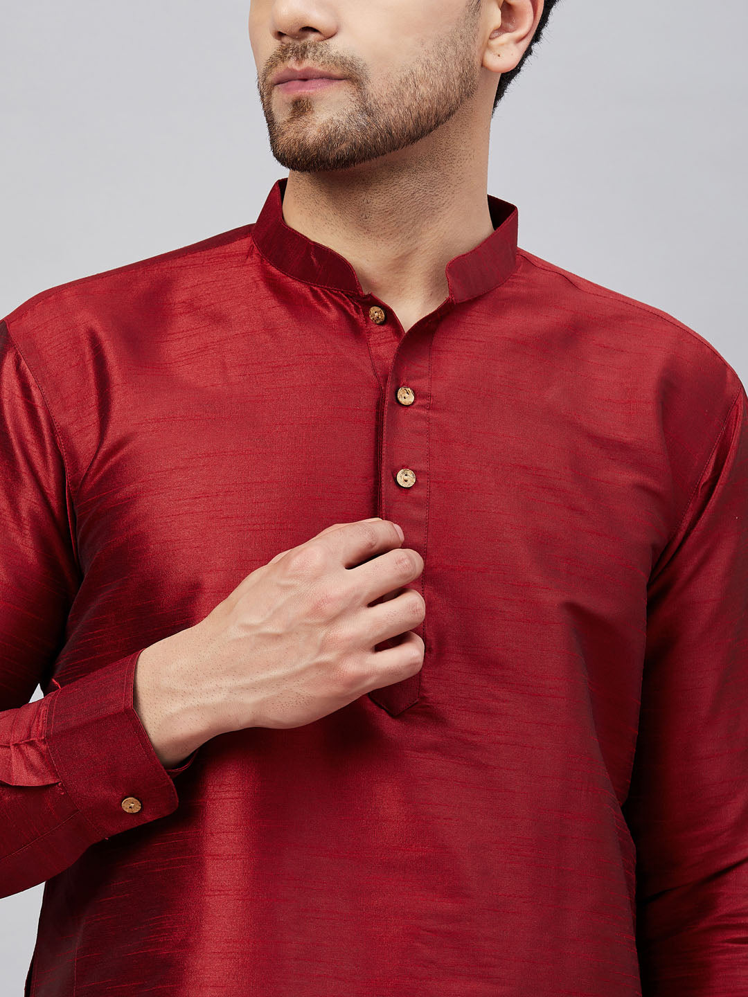 Men's Maroon Cotton Blend Pathani Kurta Pyjama Set