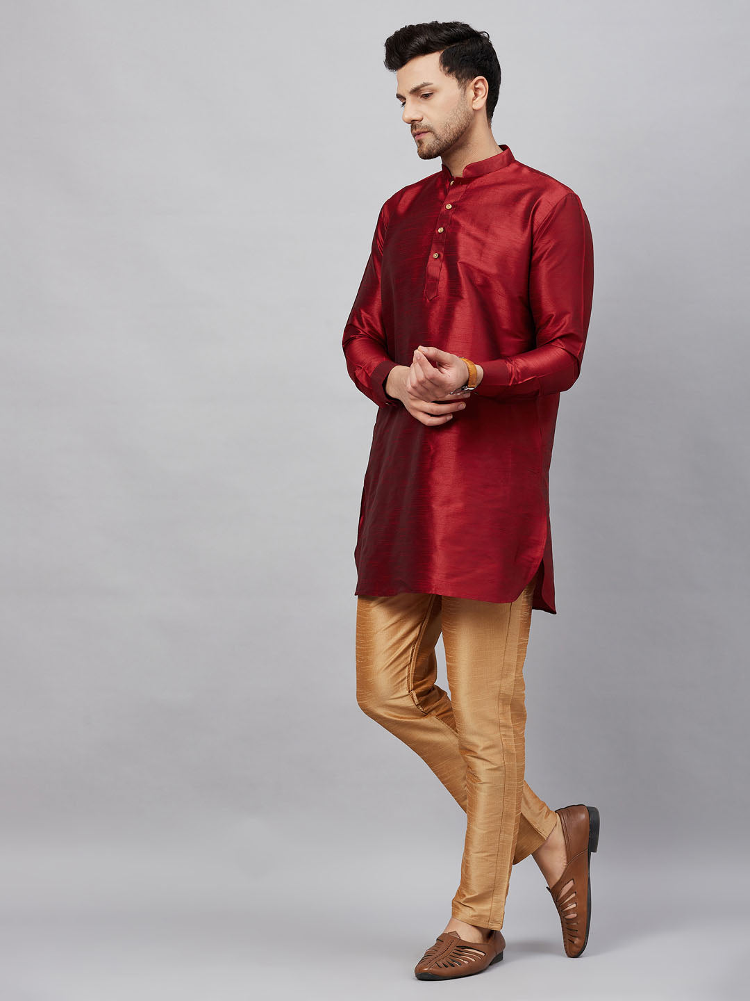 Men's Maroon Cotton Blend Pathani Kurta Pyjama Set