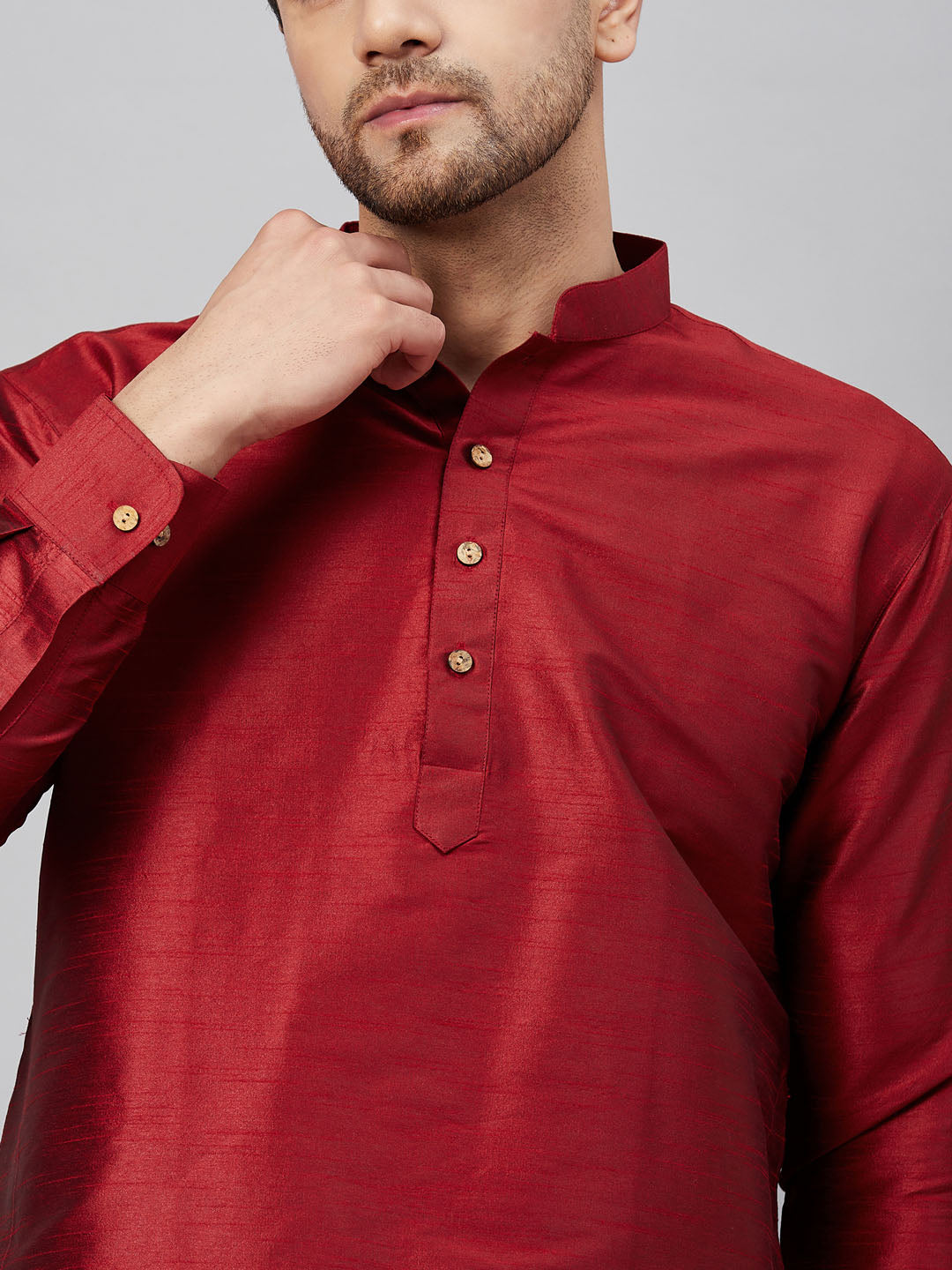 Men's Maroon Cotton Blend Pathani Kurta Pyjama Set