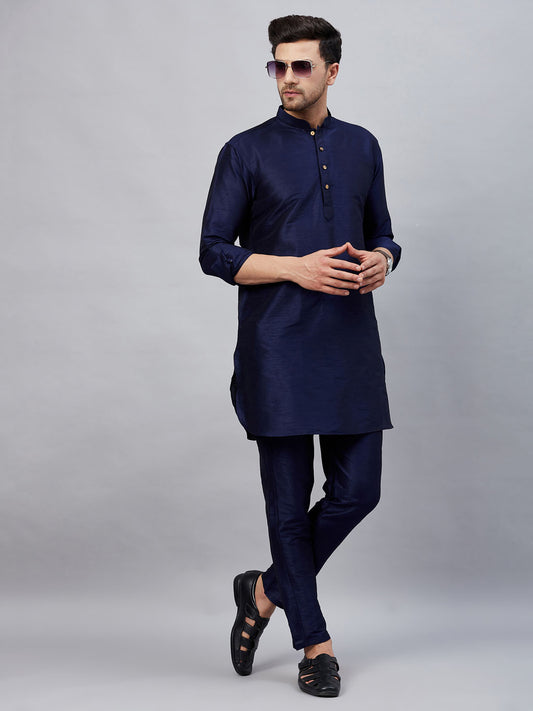Men's Navy Blue Cotton Blend Pathani Kurta Pyjama Set