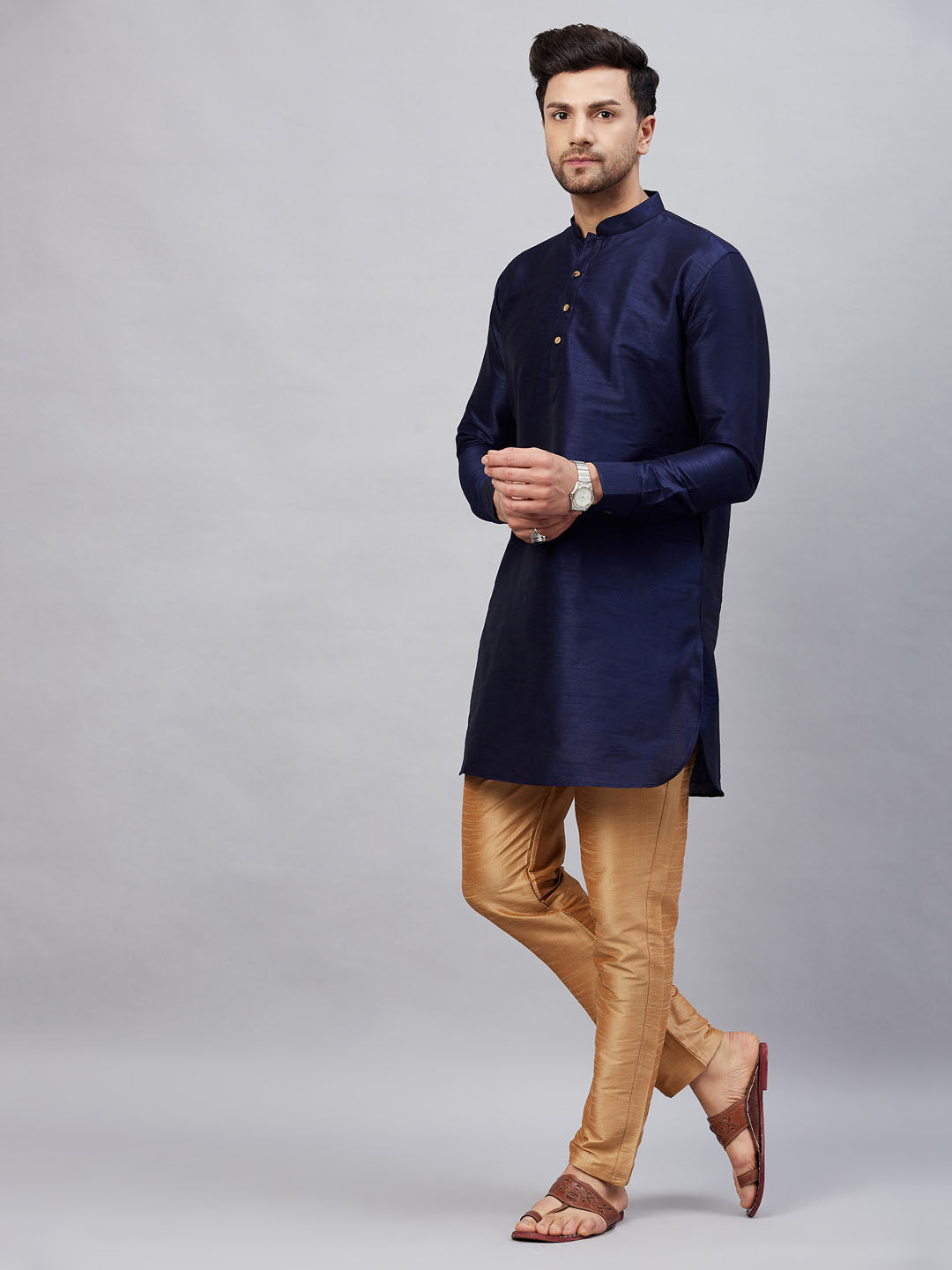 Men's Navy Blue Cotton Blend Pathani Kurta Pyjama Set