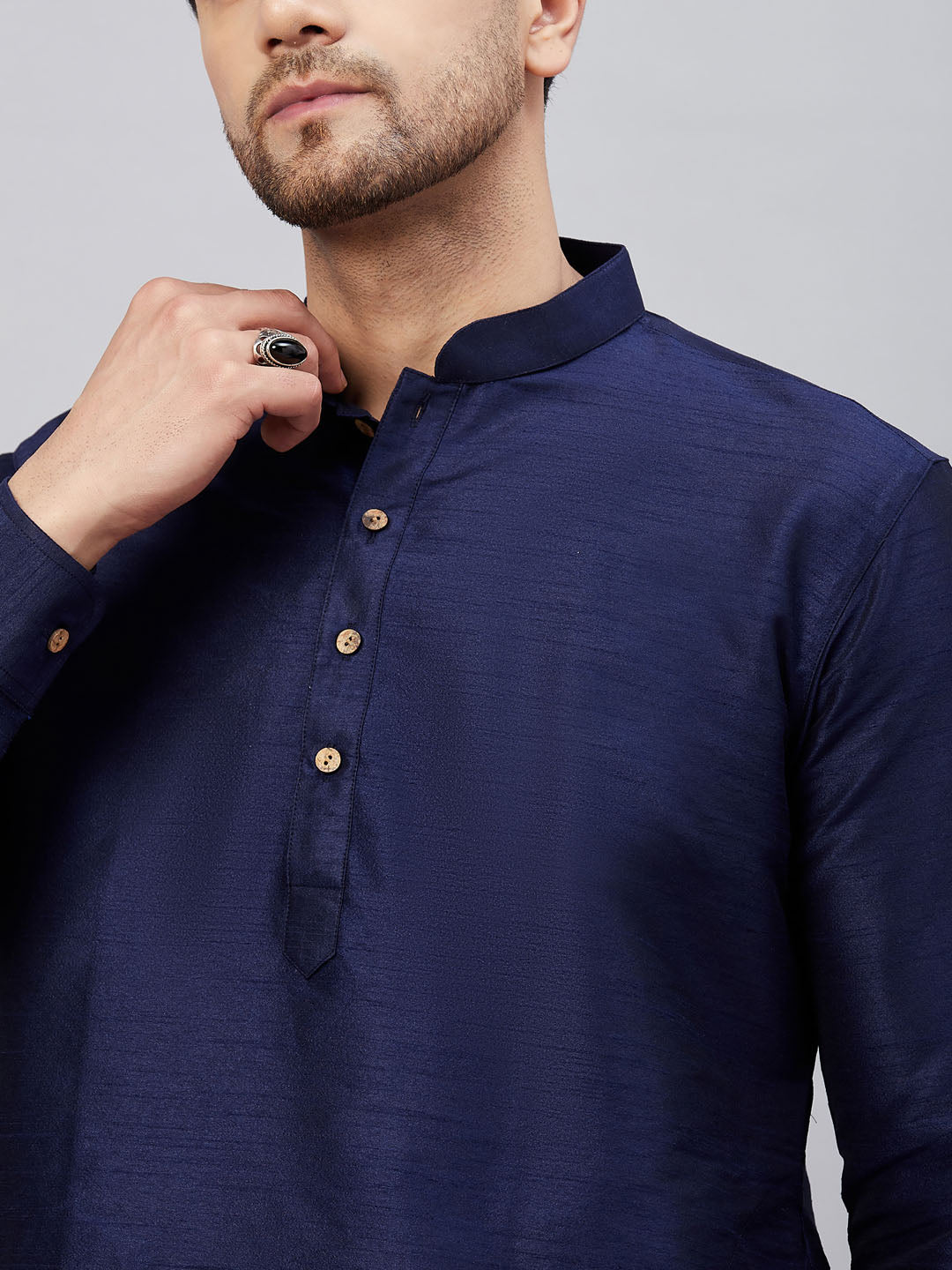 Men's Navy Blue Cotton Blend Pathani Kurta Pyjama Set