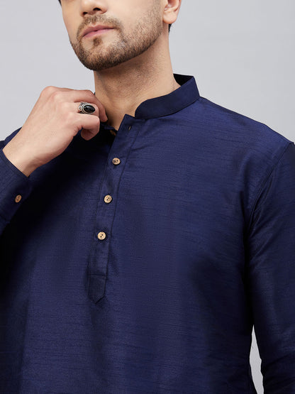 Men's Navy Blue Cotton Blend Pathani Kurta Pyjama Set