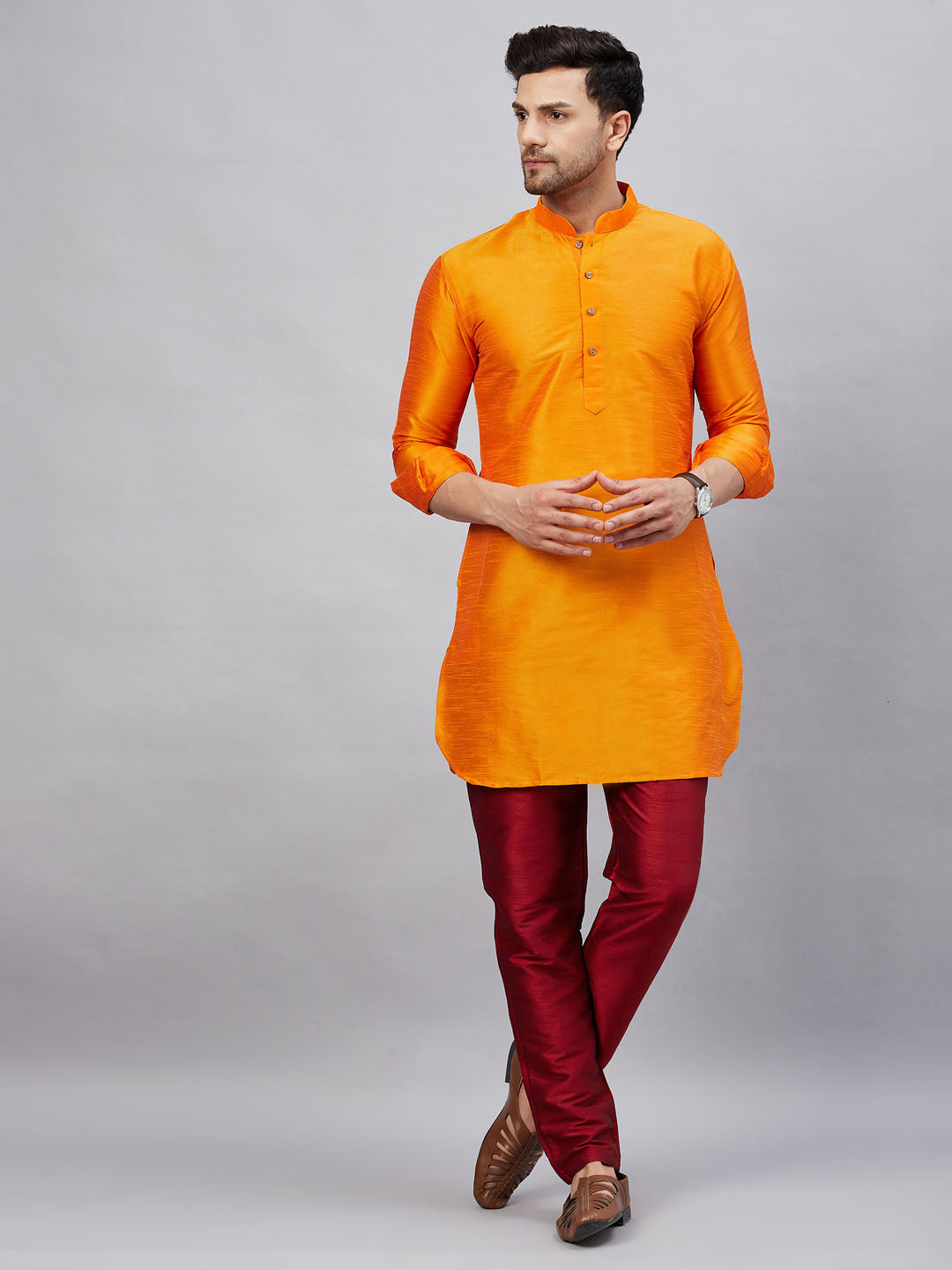 Men's Orange Cotton Blend Pathani Kurta Pyjama Set