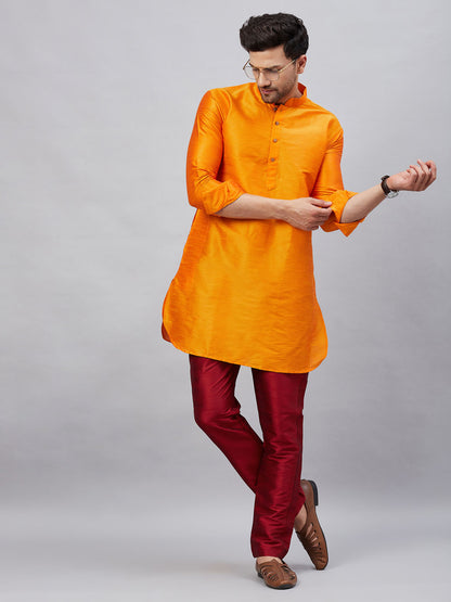 Men's Orange Cotton Blend Pathani Kurta Pyjama Set