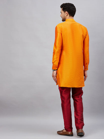 Men's Orange Cotton Blend Pathani Kurta Pyjama Set