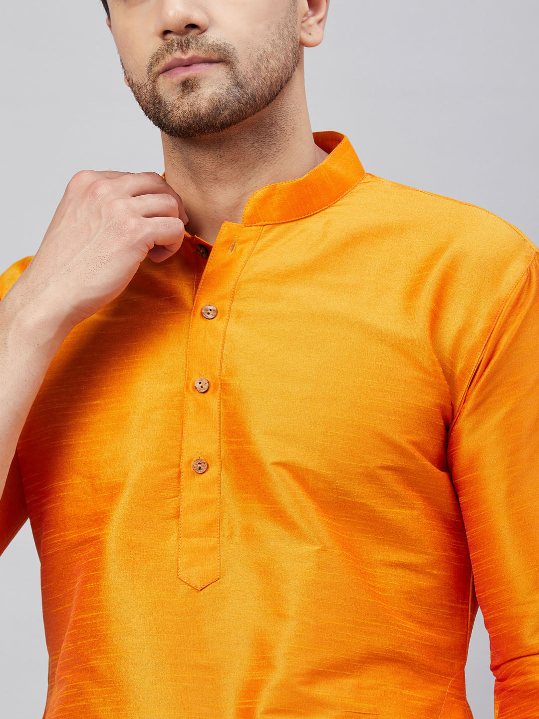 Men's Orange Cotton Blend Pathani Kurta Pyjama Set