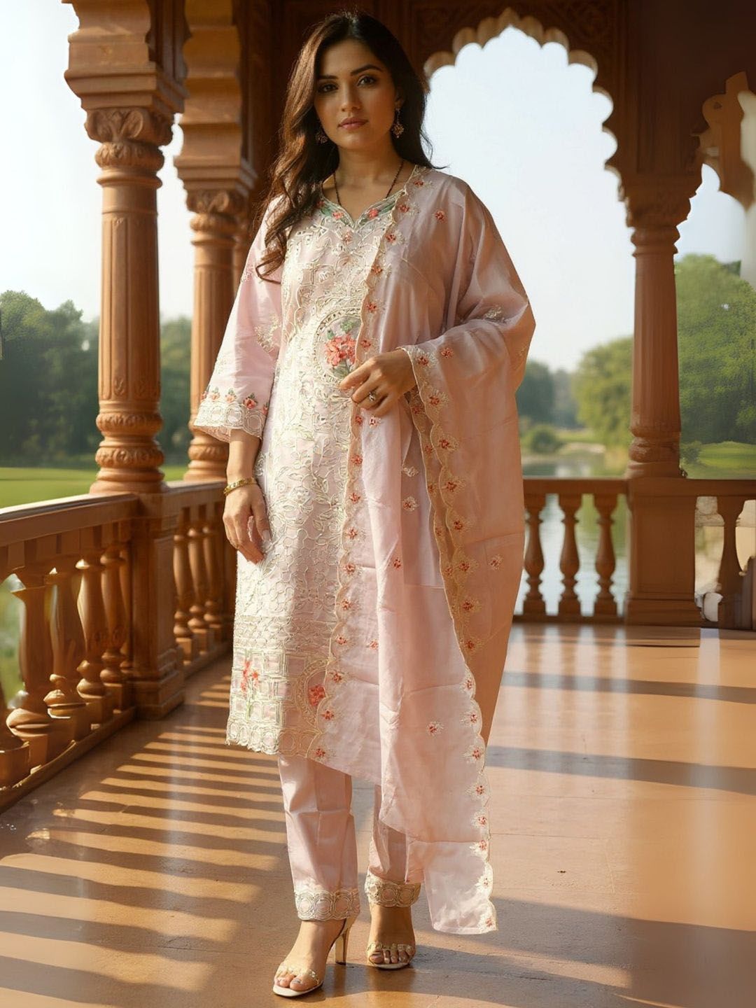 Embroidered V-Neck Thread Work Pure Cotton Straight Kurta With Trousers & Dupatta