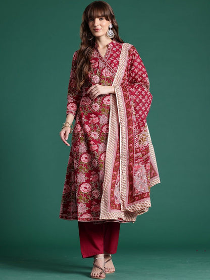 Women Floral Printed Angrakha Pure Cotton Kurta with Trousers & With Dupatta