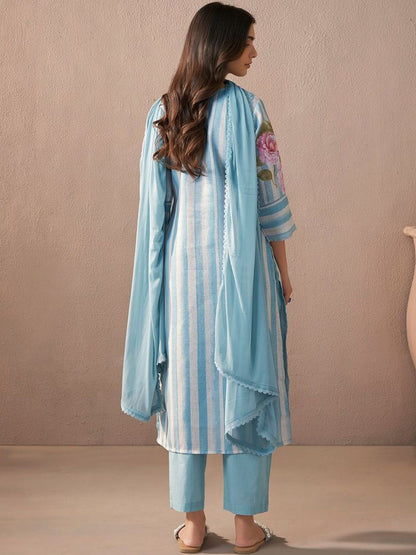 Women Floral Printed Regular Beads and Stones Linen Kurta with Trousers & With Dupatta