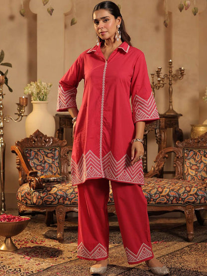 Dhiyona IE Women Embroidered Shirt Collar Pure Cotton Tunic & Trouser Co-Ord Set