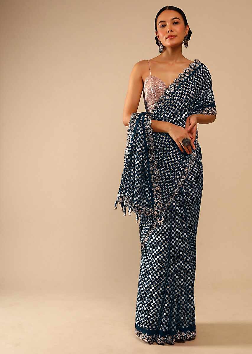 Dhiyona GR Women's Mahi Teal Chinnon Sequence Saree