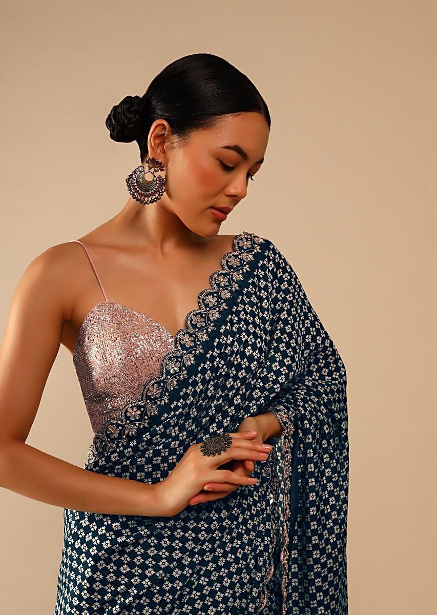 Dhiyona GR Women's Mahi Teal Chinnon Sequence Saree