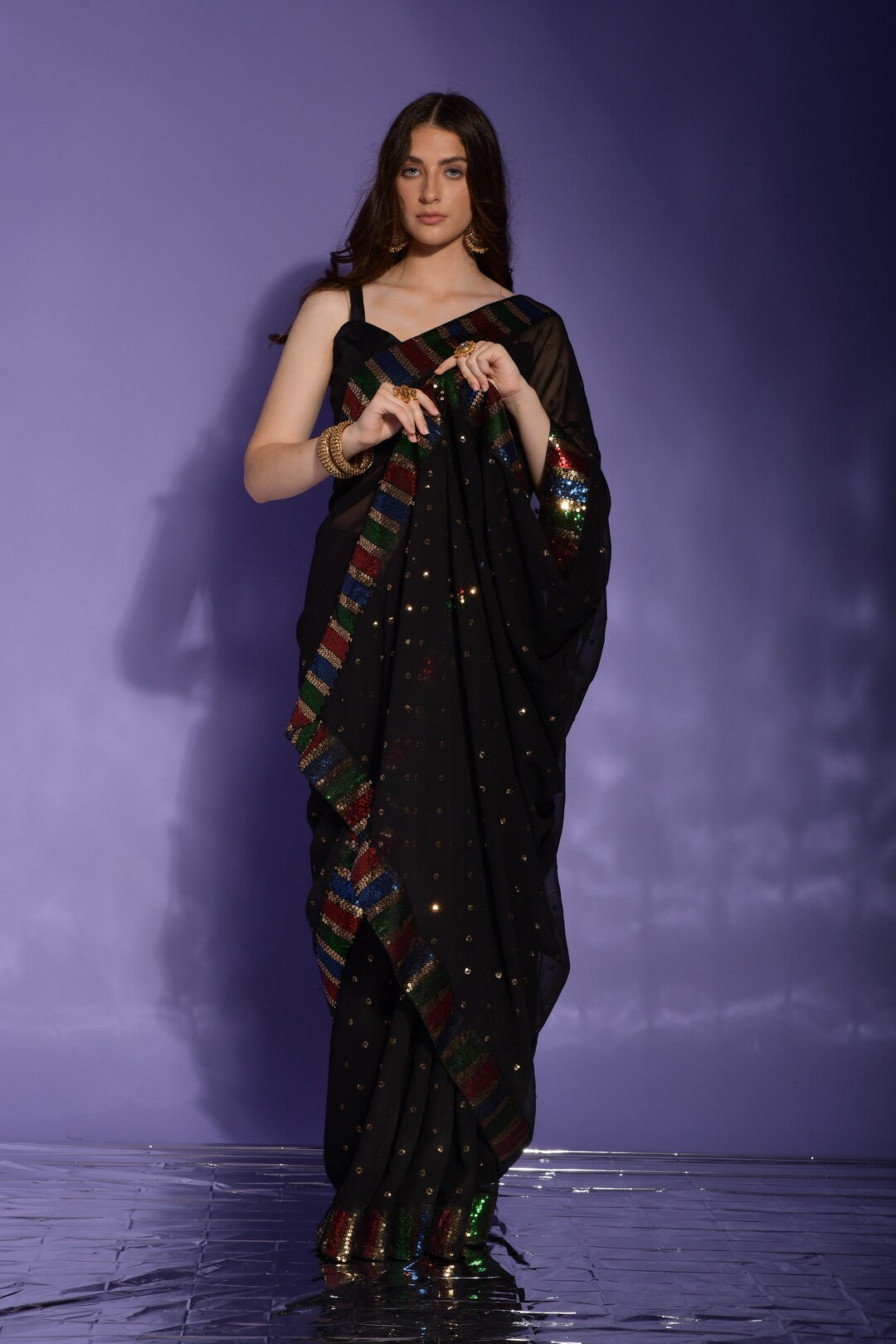 Dhiyona GR Women's Koski Black Georgette Sequence Saree