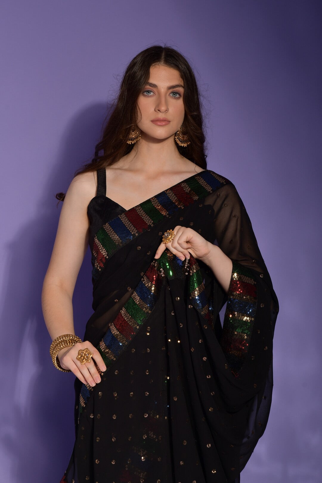 Dhiyona GR Women's Koski Black Georgette Sequence Saree