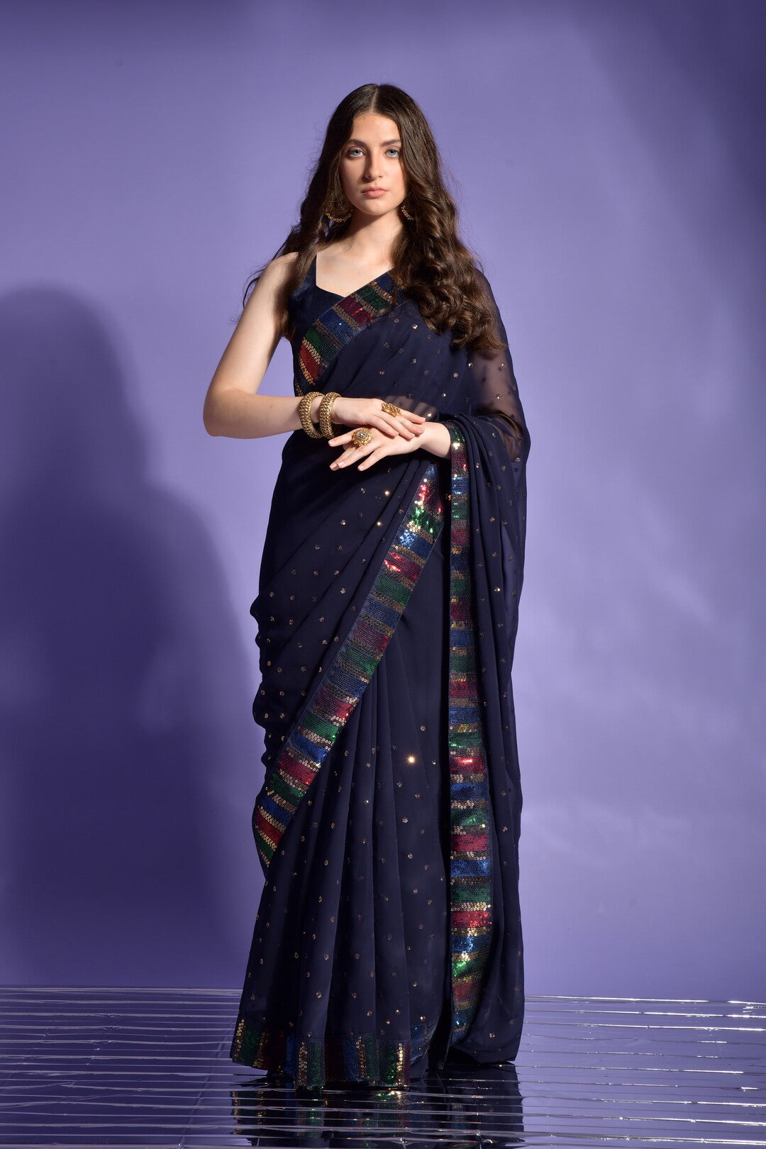 Dhiyona GR Women's Koski Navy Georgette Sequence Saree
