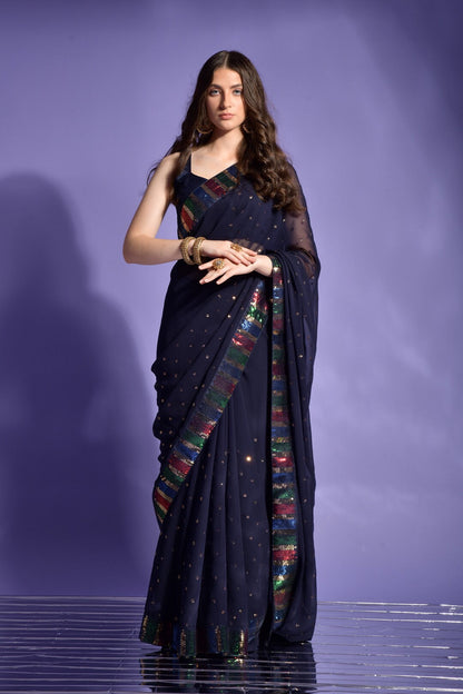 Dhiyona GR Women's Koski Navy Georgette Sequence Saree