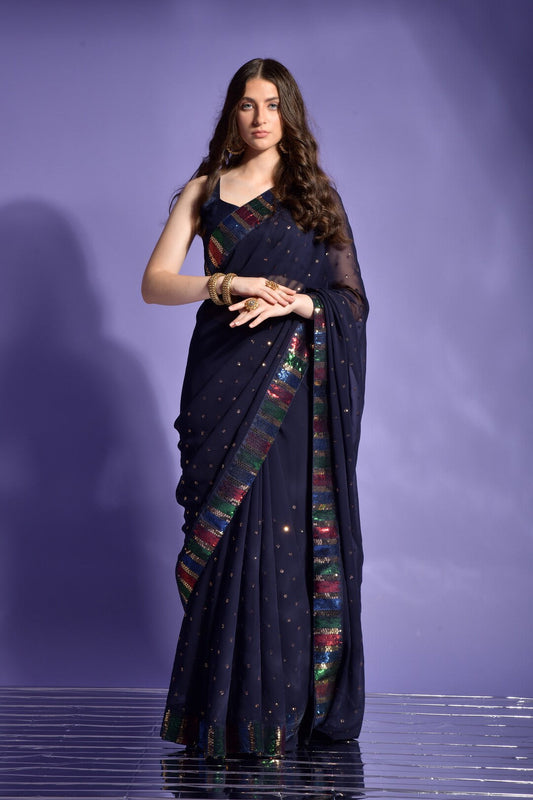 Dhiyona GR Women's Koski Navy Georgette Sequence Saree
